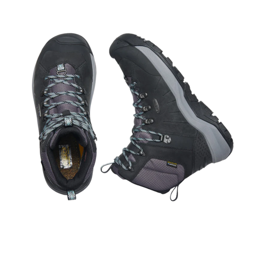 A pair of mid-height hiking boots in dark gray and black with gray laces and a gray midsole, shown from two angles on a white background.