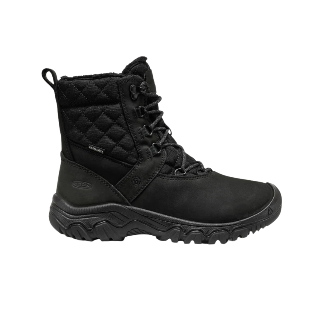 Black winter boot with quilted design on a white background