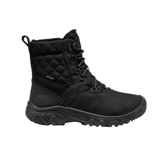 Black winter boot with quilted design on a white background