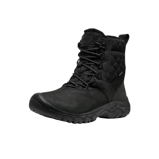 A single black mid-calf lace-up boot with a quilted side panel and a thick rugged sole, shown from a side profile on a plain white background.