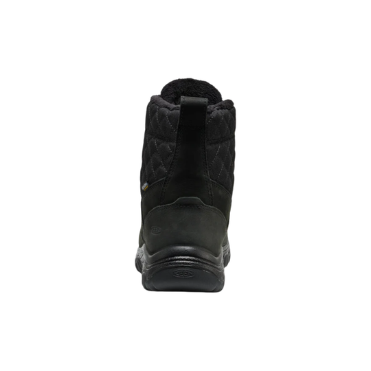 A single black ankle boot shown from the back on a plain white background.