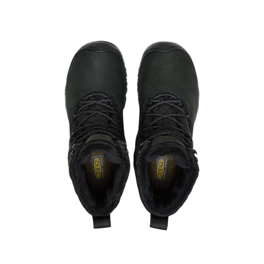 A pair of black Keen mid-calf winter boots with black laces and a dark gray faux-fur lining, shown from a top-down view on a white background.