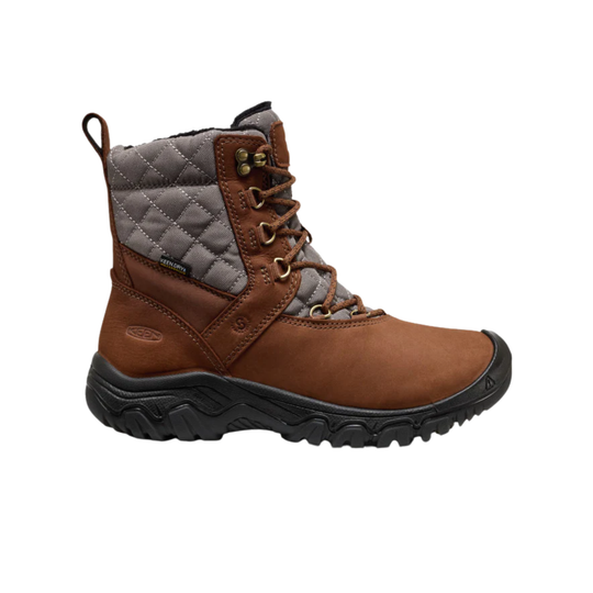 A brown leather lace-up ankle boot with a gray quilted collar, black sole, and gold-tone metal eyelets, shown from a side profile on a white background.