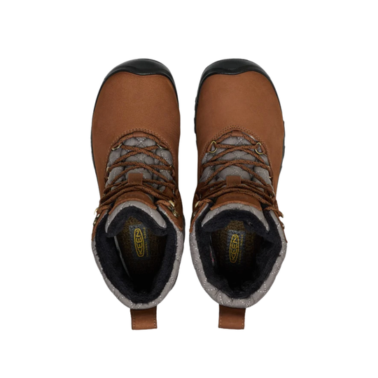 A pair of brown Keen hiking boots with gray sherpa lining and black toe caps, shown from a top-down view on a white background.