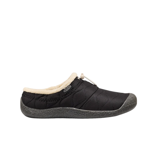 A black slip-on mule shoe with a cream-colored faux fur lining and a dark gray textured sole, shown from a side profile on a white background.