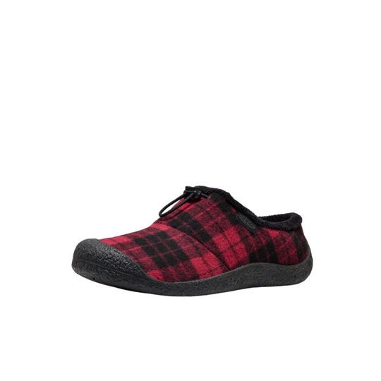 A single slip-on slipper with a red and black plaid pattern on the upper, a black sole, and black laces, shown against a plain white background.