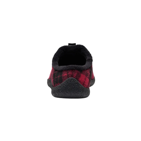 A single slip-on slipper with a red and black plaid pattern on the upper, a black sole, and black laces, shown against a plain white background.