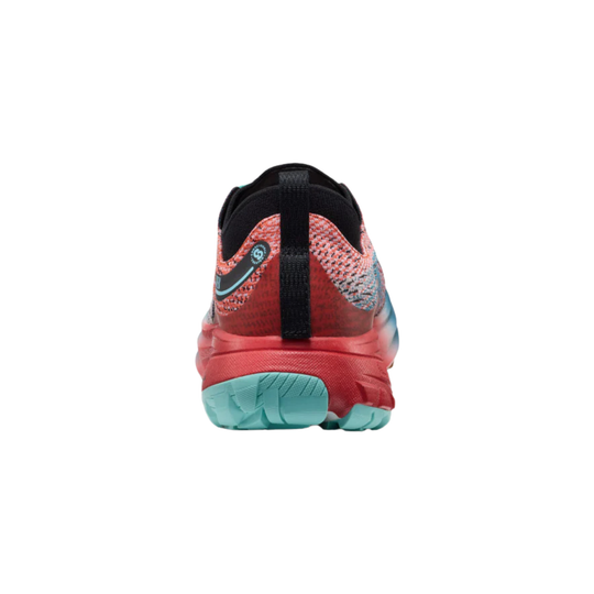 A rear view of a keen running shoe on a solid white background, featuring a pink and blue patterned knit upper, a black heel pull tab, and a red and teal midsole and outsole.