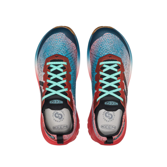 A pair of Keen Socks sneakers shown from a top-down view, featuring a blue and red knit pattern, mint green laces, and a red heel pull tab on a white background.