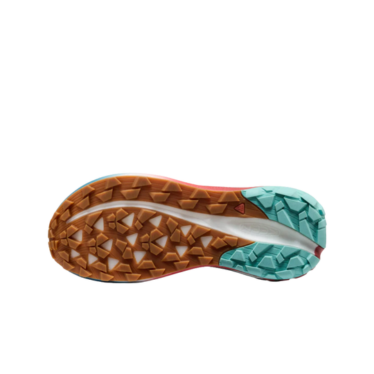 The outsole of a trail running shoe, showing a textured brown and orange tread pattern with a teal and white rear section.