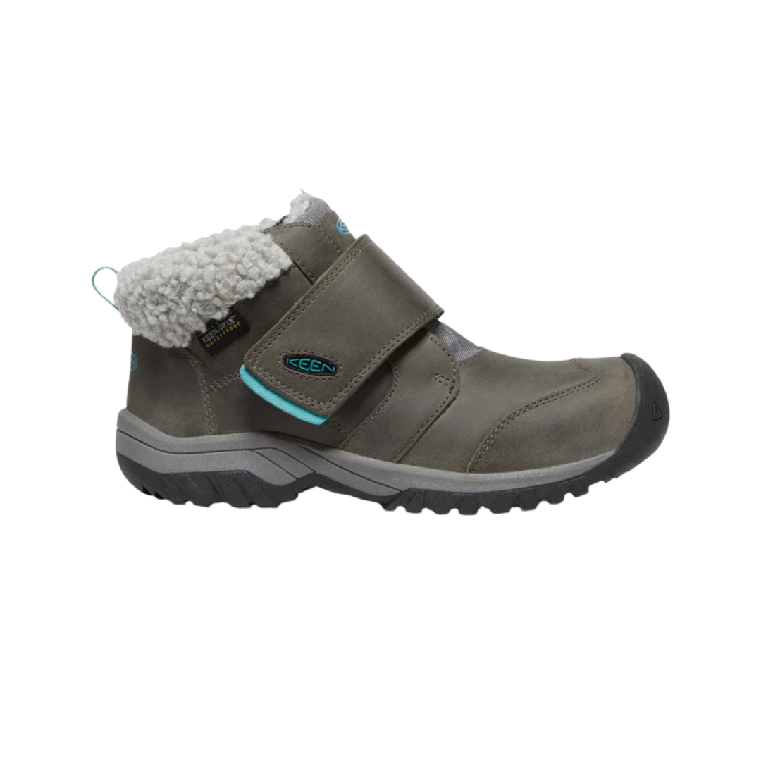 A single Keen children's winter boot in dark gray with a light gray fleece collar, a hook-and-loop strap, and a small turquoise accent on the side logo, shown against a plain white background.