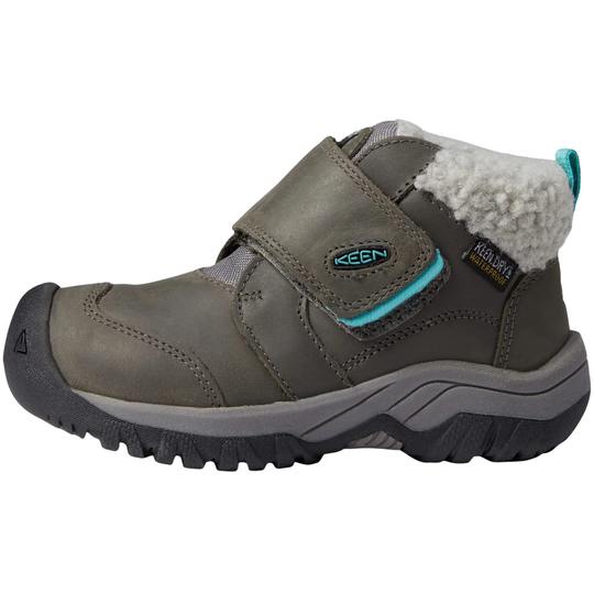A Keen kids' mid-calf shoe in olive green with a white sherpa lining, a hook-and-loop strap closure, and a black and gray sole, shown against a plain white background.