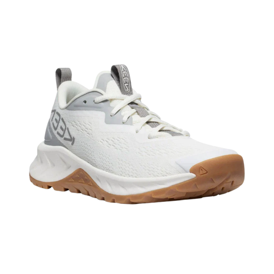 A white KEEn trail running shoe with a brown gum sole and gray accents, shown from a side profile on a white background.