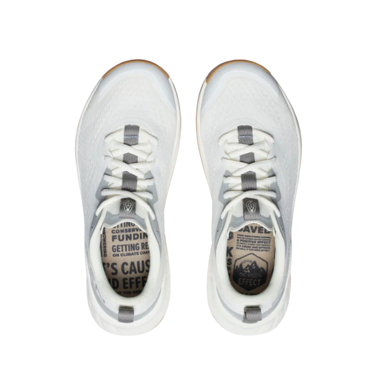 A pair of white and gray athletic sneakers shown from a top-down view on a solid white background.