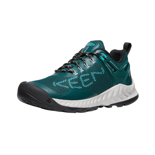 A Keen brand athletic shoe in teal green mesh with black and white details, shown from a side profile on a solid white background.