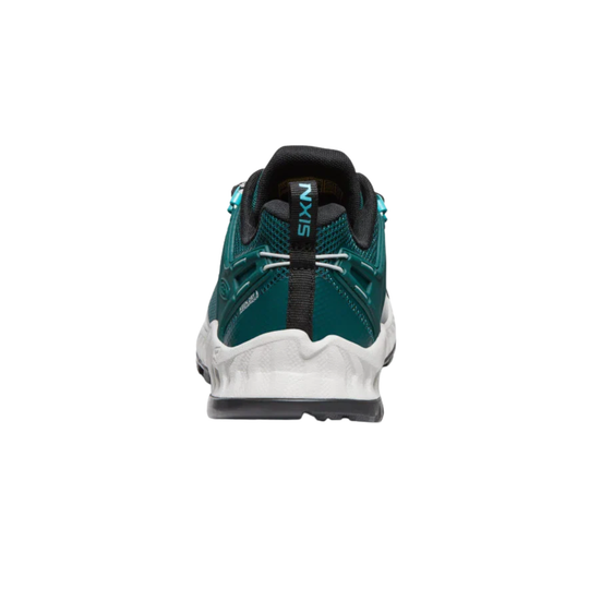 A rear view of a keen  running shoe in dark teal green and black with a white midsole, shown on a solid white background.