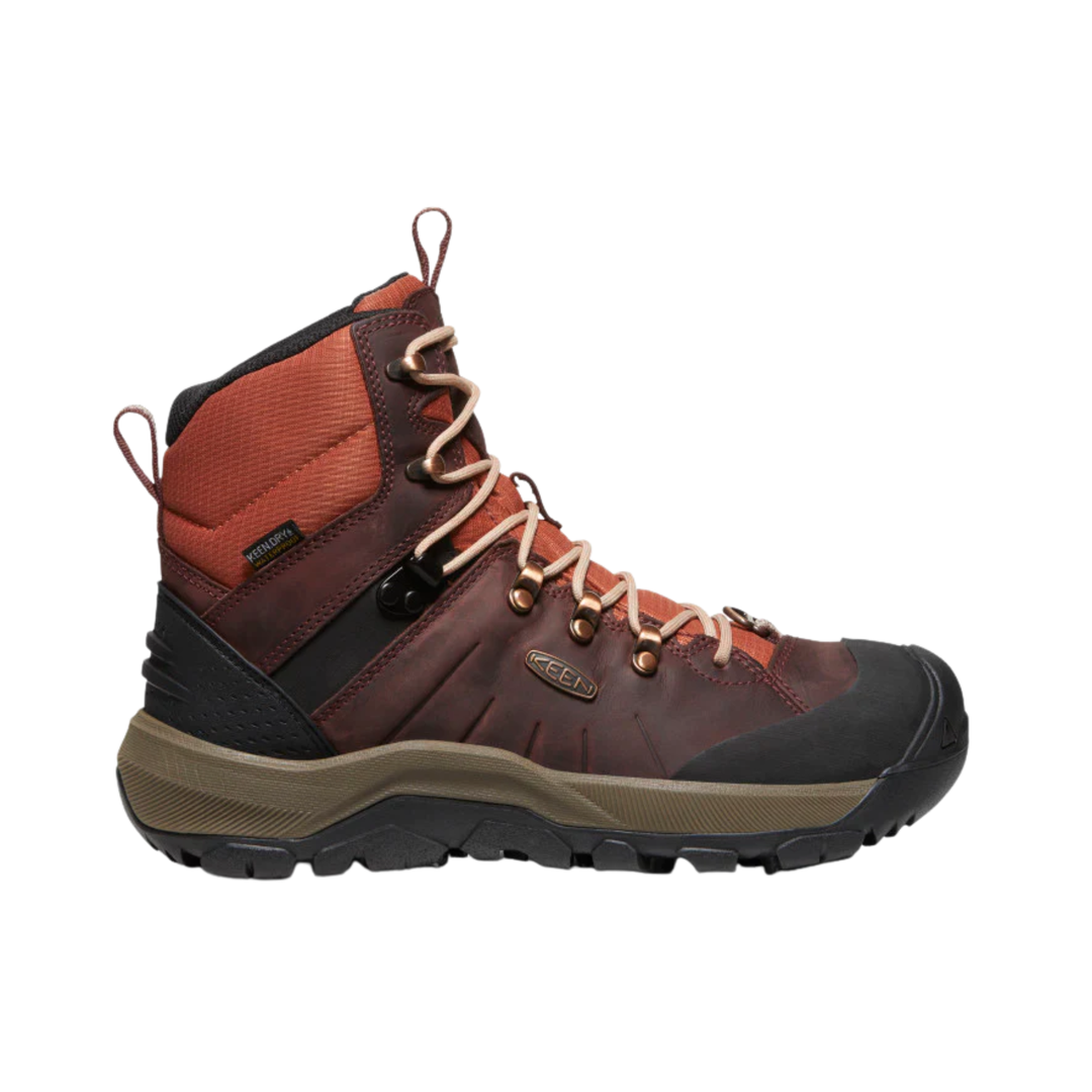 A mid-cut hiking boot in dark brown and rust orange with beige laces, black toe and heel protection, and a tan midsole, shown from a side profile on a white background.