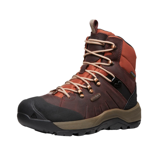 A mid-cut hiking boot by Keen, featuring a dark brown and rust-orange upper, beige laces, a black toe cap, and a brown and black sole, shown against a plain white background.