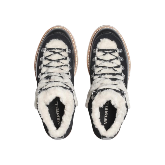 A pair of Merrell high-top winter boots shown from a top-down view, featuring a black suede upper, white faux-fur lining, and white laces on a solid white background.