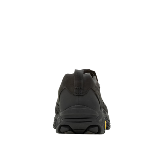 A black athletic shoe shown from the rear three-quarter view against a solid white background.