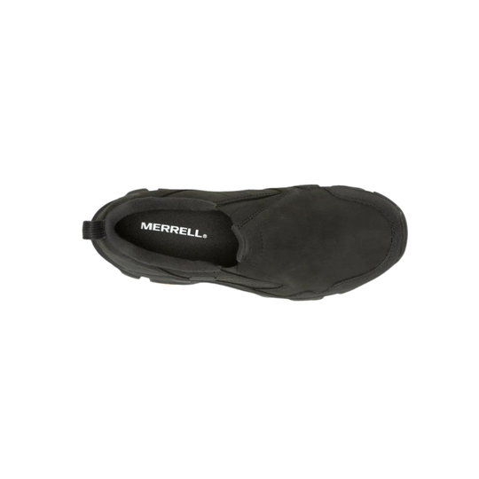 A single black slip-on shoe shown from a top-down view on a plain white background, with the MERRELL brand name visible on the inner sole.