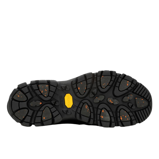 Black sole of a shoe with a yellow label on a white background