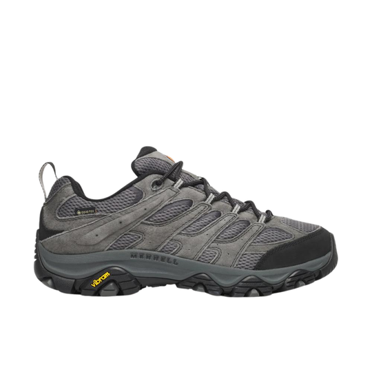 A gray and black Merrell hiking shoe shown from the side against a plain white background.