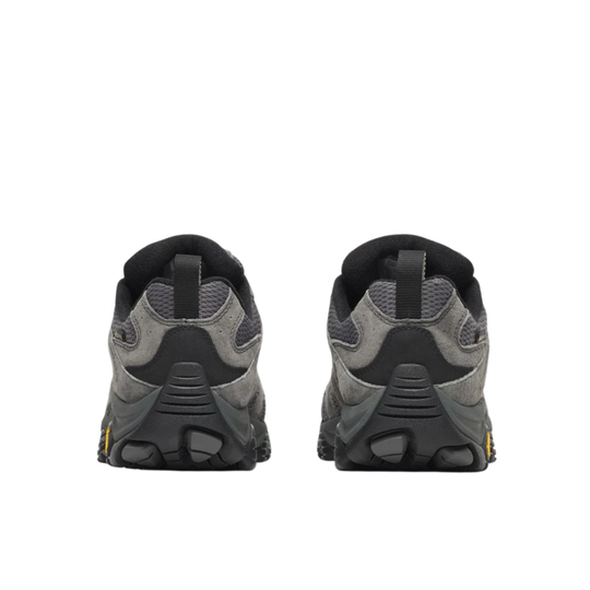 back of heels view. A gray and black low-top hiking shoes against a plain white background.