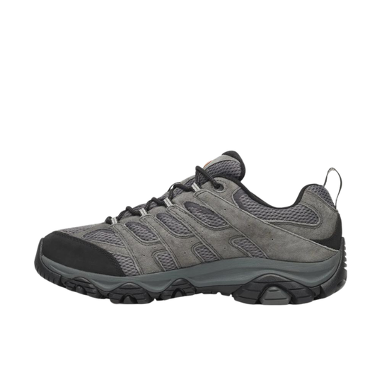 A gray and black low-top hiking shoe shown in a side profile view against a plain white background.