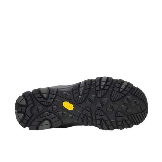 Bottom sole of merrell. black with a yellow vibram logo. On a plain white background. 