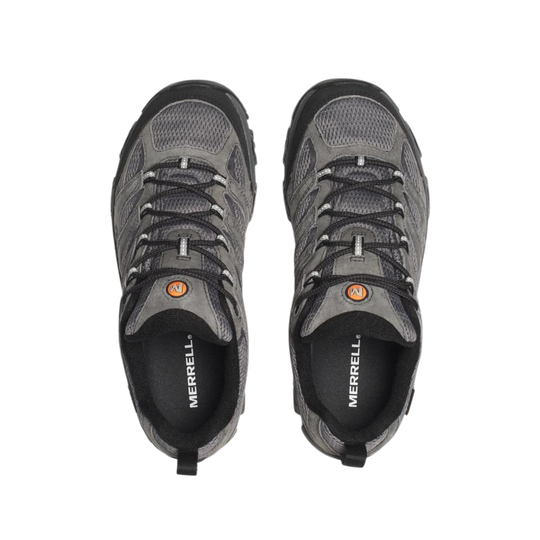 top view. A gray and black low-top hiking shoes against a plain white background.
