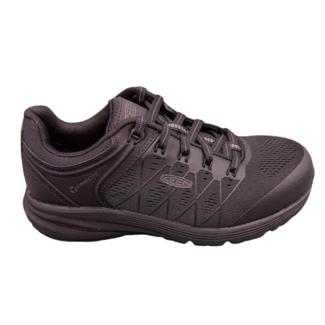 A dark gray Keen brand athletic shoe with a mesh upper, geometric synthetic overlays, and a thick textured sole, shown from a side profile on a white background.
