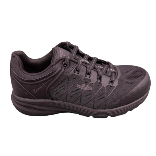 A dark gray Keen brand athletic shoe with a mesh upper, geometric synthetic overlays, and a thick textured sole, shown from a side profile on a white background.