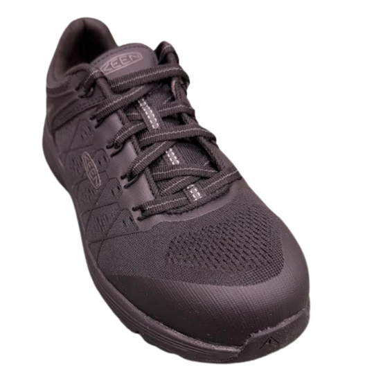 A black Keen brand lace-up shoe shown at a three-quarter angle against a plain white background.