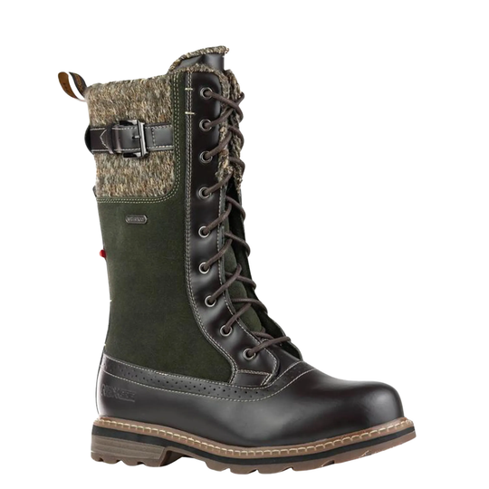 A mid-calf lace-up boot with a dark brown leather toe and heel, an olive green suede shaft, a brown and beige knit collar, and a black buckle strap.
