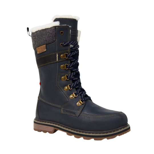 A dark navy blue winter lace-up boot with a thick brown sole, gold-tone metal eyelets, a gray textured collar, and white faux-fur lining, shown against a plain white background.
