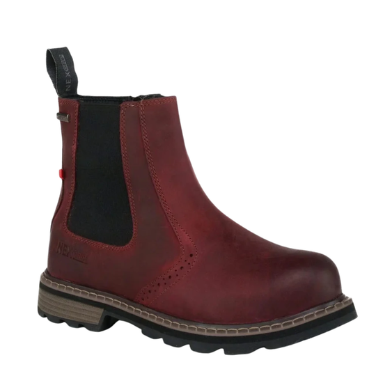 A dark red leather Chelsea-style ankle boot with black elastic side panels and a chunky black sole, shown from a three-quarters angle on a white background.