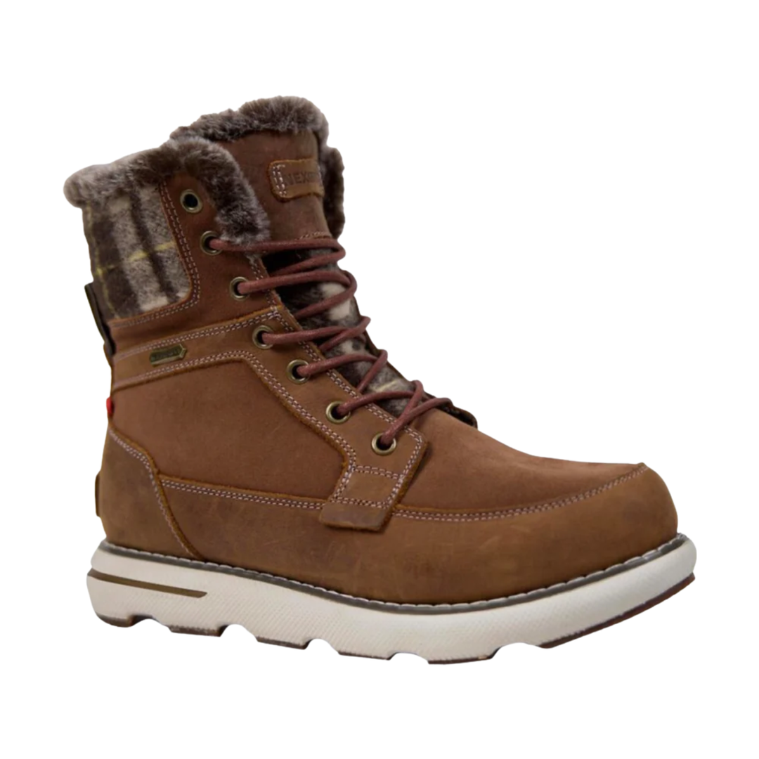 A brown mid-calf lace-up boot with faux fur lining, a side zipper, and a plaid collar, shown from a side profile on a white background.