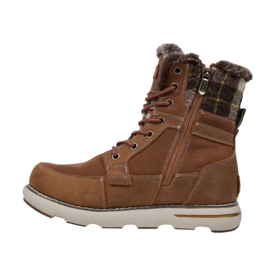 A brown mid-calf lace-up boot with faux fur lining, a side zipper, and a plaid collar, shown from a side profile on a white background.