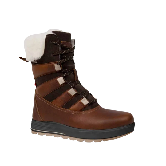 A brown leather winter boot with a white faux-fur collar, lace-up front, and a thick black sole, shown against a plain white background.