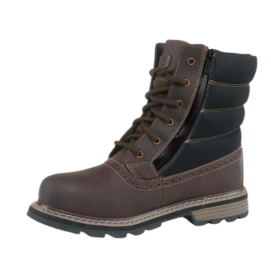 A dark brown lace-up ankle boot with a black side zipper, black collar lining, and brown laces, shown from a side profile on a white background.