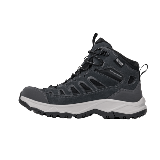 Black hiking boot on a white background
