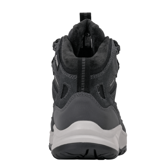 Black hiking boot on a white background. Back of heel view. 