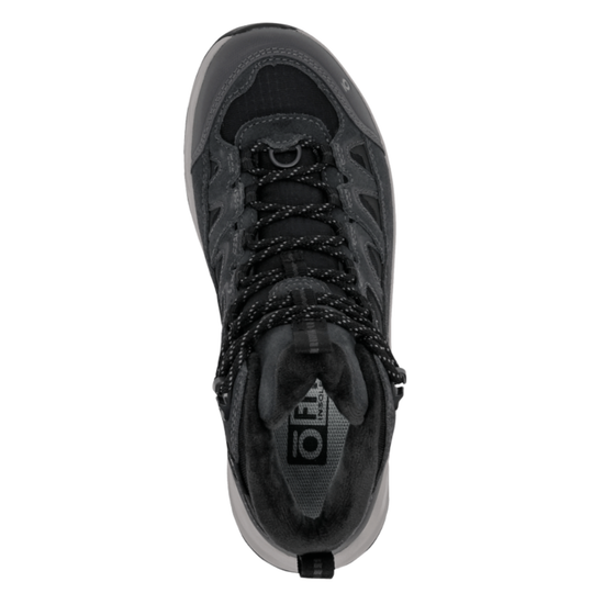 Black hiking boot on a white background. Top view.