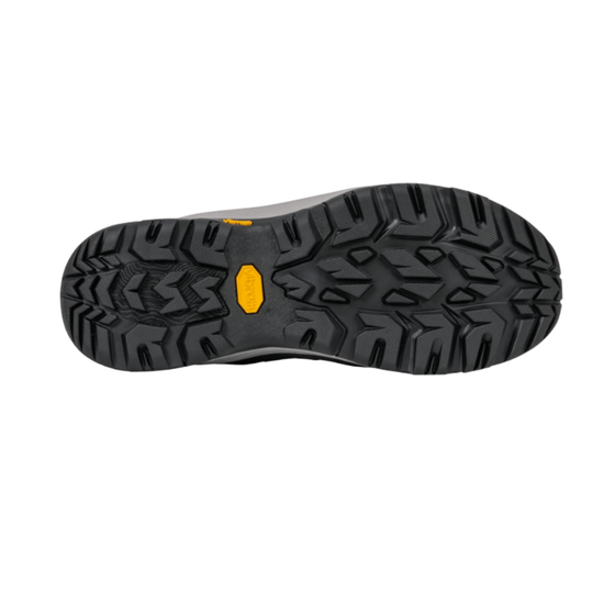 A top-down view of a black rugged shoe sole with a small yellow Vibram logo centered on a white background.