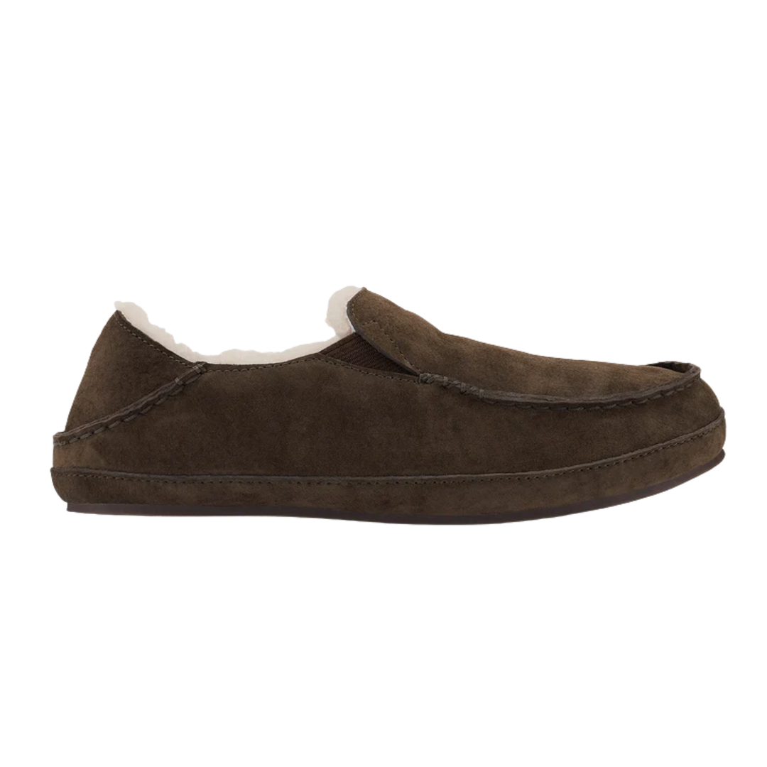 A single dark brown suede slip-on moccasin-style shoe with a white shearling lining, shown in a side profile on a solid white background.