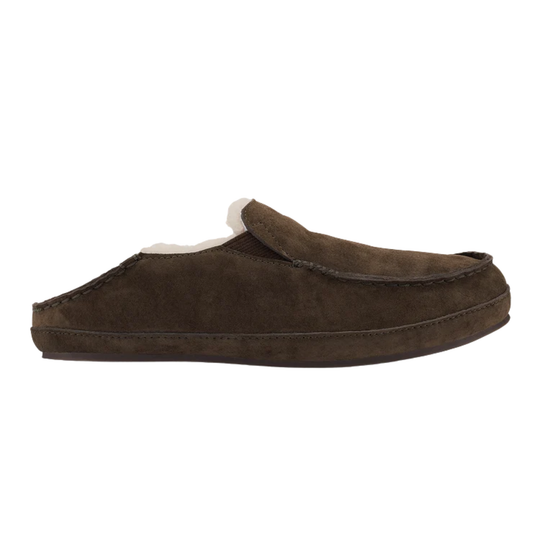 A dark brown suede slip-on mule shoe with a soft white shearling lining visible at the opening, shown from a side profile on a white background.