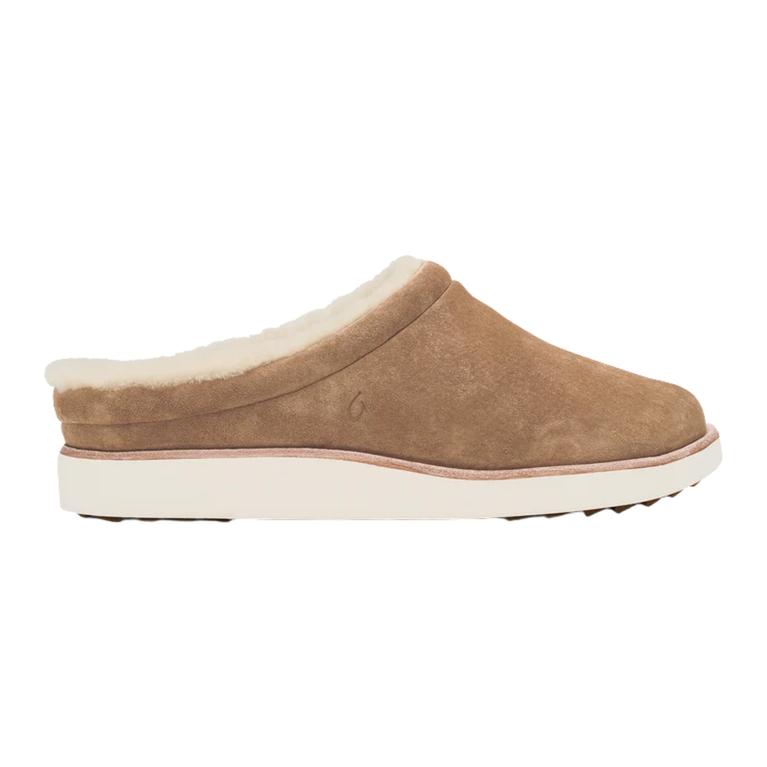 A single taupe brown suede slip-on clog shoe with a cream-colored shearling lining and a thick white platform sole, shown in a side profile view against a plain white background.
