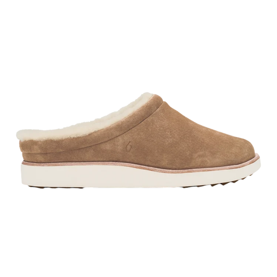 A single taupe brown suede slip-on clog shoe with a cream-colored shearling lining and a thick white platform sole, shown in a side profile view against a plain white background.
