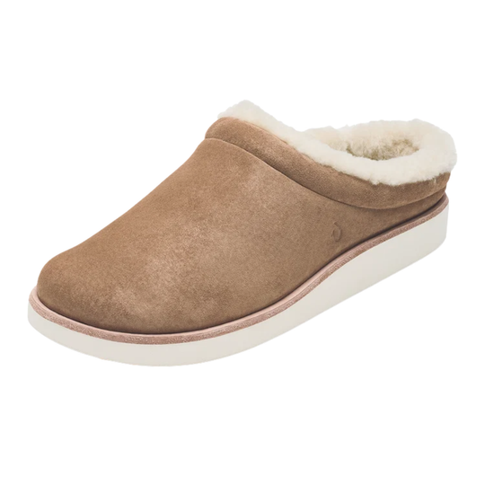 A single slip-on clog-style slipper in tan suede with a white shearling lining and a thick white sole, shown on a plain white background.